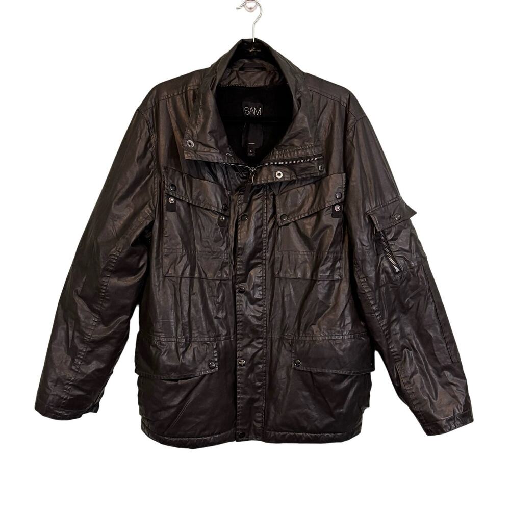 SAM NY Moto Jacket Mens Large Black Biker Faux Leather Rabbit Fur Outdoor Edgy